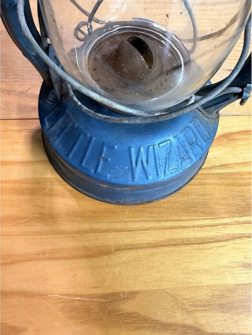 Vintage Blue Kerosene Oil Lantern Little Wizard Embossed Glass Rustic Farmhouse